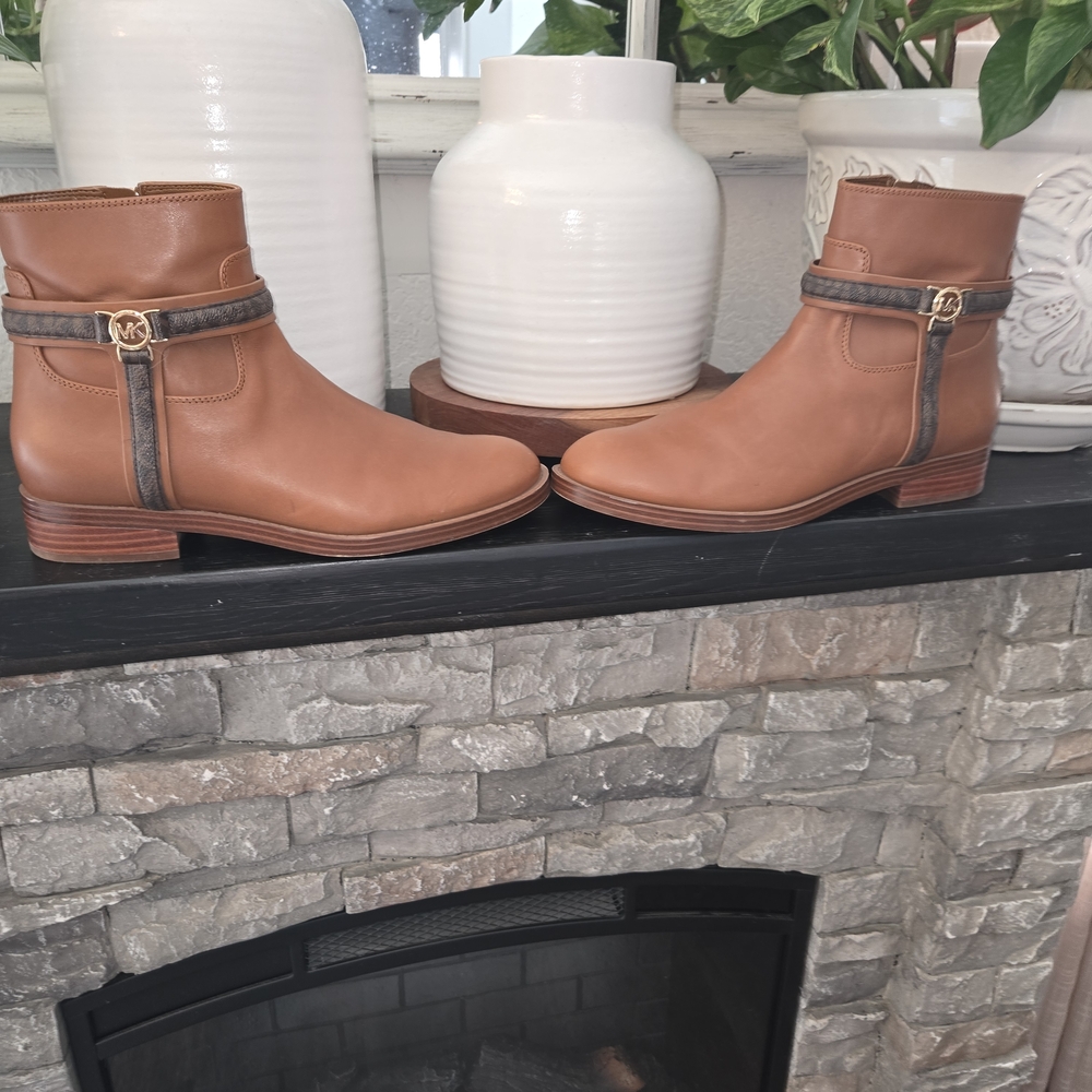 Michael Kors "Luggage" Leather Ankle Boots with Gold Accents
